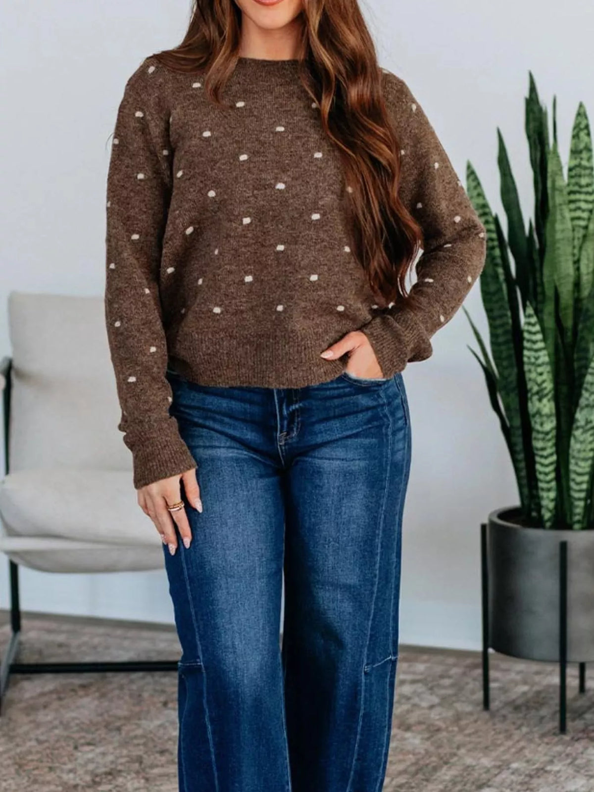 Dotted Print Ribbed Edge Knit Sweater