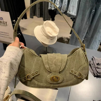 Vintage Army Green Splicing Armpit Bag – Stylish Small Shoulder Purse, Versatile Spring Spice Girl Bag &amp; Handbag  hobo