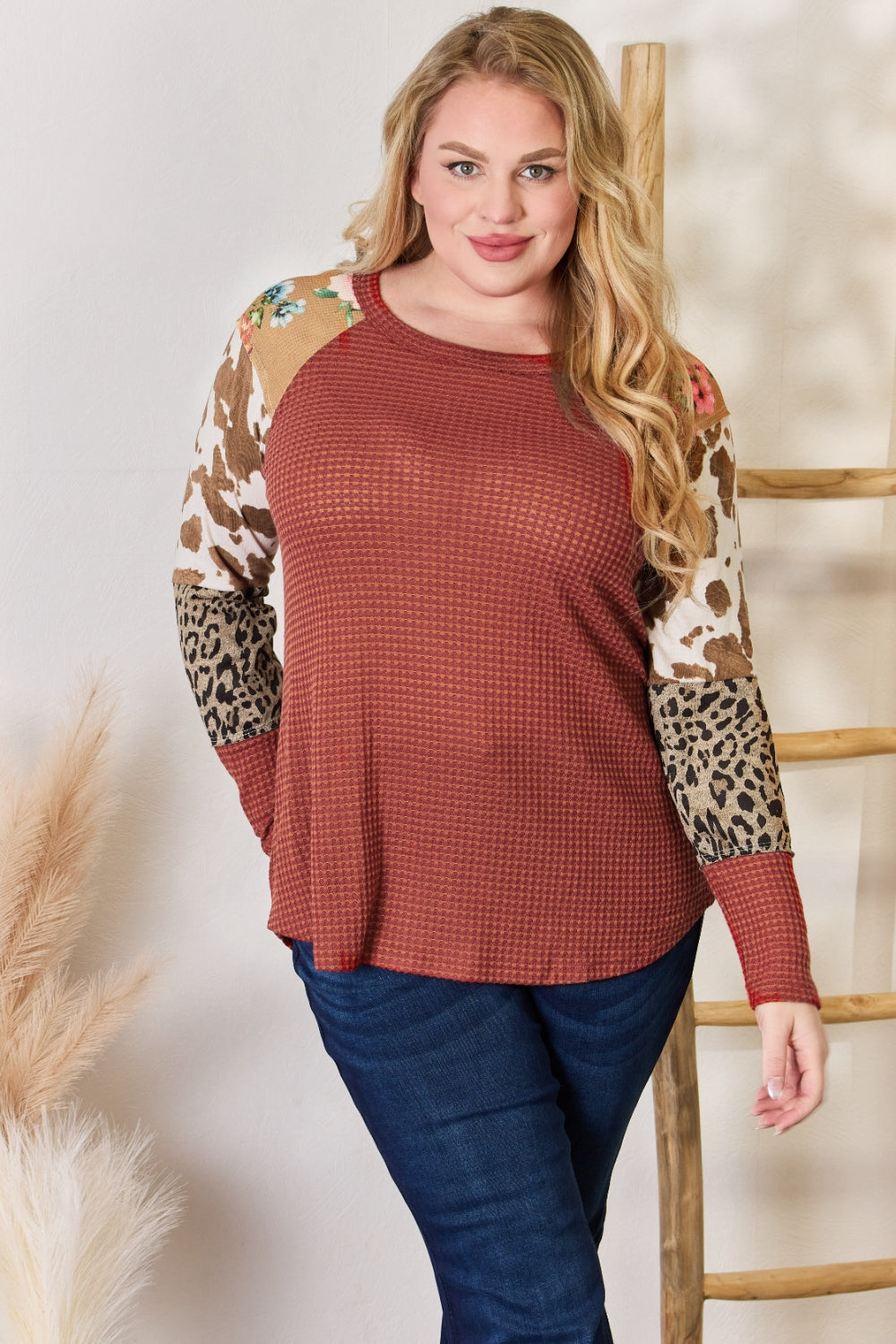 Hailey &amp; Co Full Size Leopard Waffle-Knit Blouse