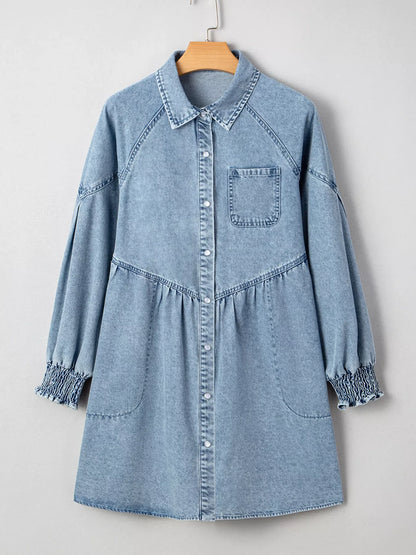 Smocked Cuffs Flared Denim Shirt Mini Dress