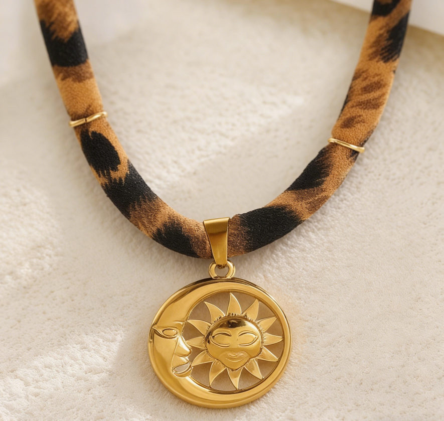 Leopard Print Ribbon Necklace with Sun &amp; Gecko Charms