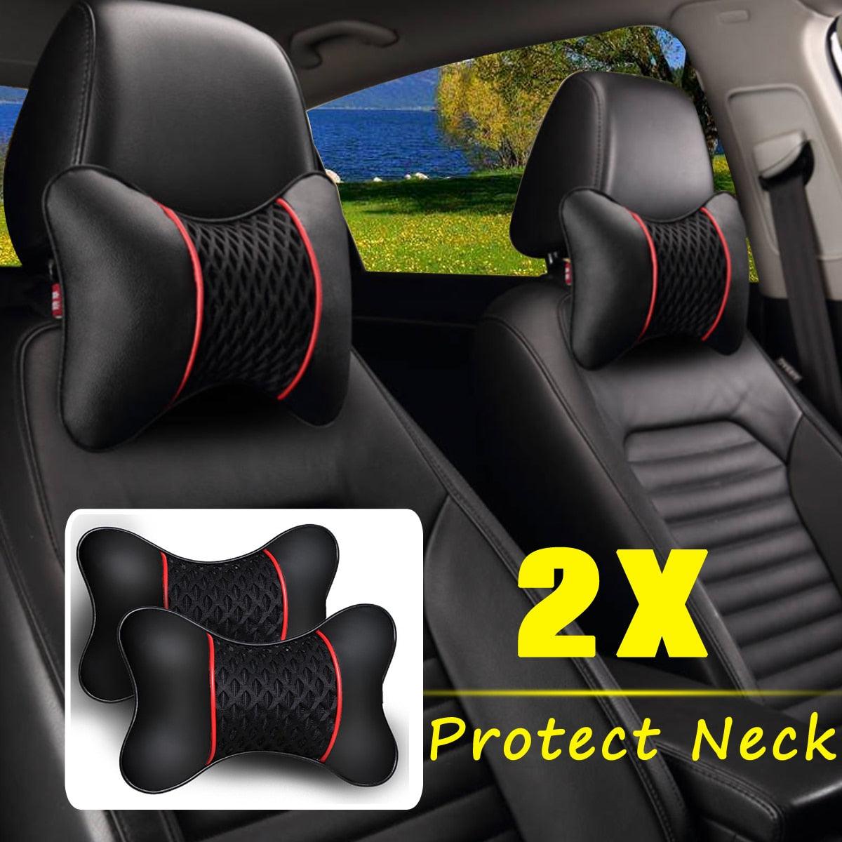 2Pcs PU Leather Knitted Car Pillows Headrest Neck Rest Cushion Support Seat Accessories Auto Black Safety Pillow Universal Decor Car Neck Pillows Headrest Relief Filled Fiber Universal Car Pillow Both Side Pu Leather  Pack Headrest For Car Neck Pillow