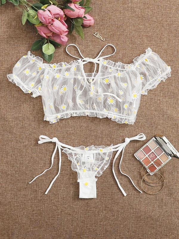 2PCS/Set Off Shoulder Lace Up Bikinis Women Sweet Women&