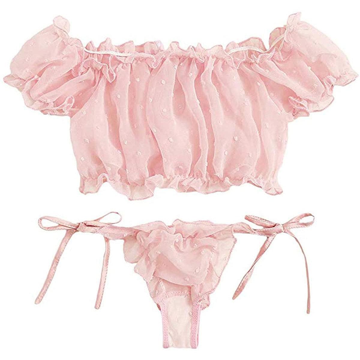 2PCS/Set Off Shoulder Lace Up Bikinis Women Sweet Women&