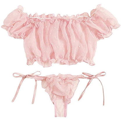 2PCS/Set Off Shoulder Lace Up Bikinis Women Sweet Women&