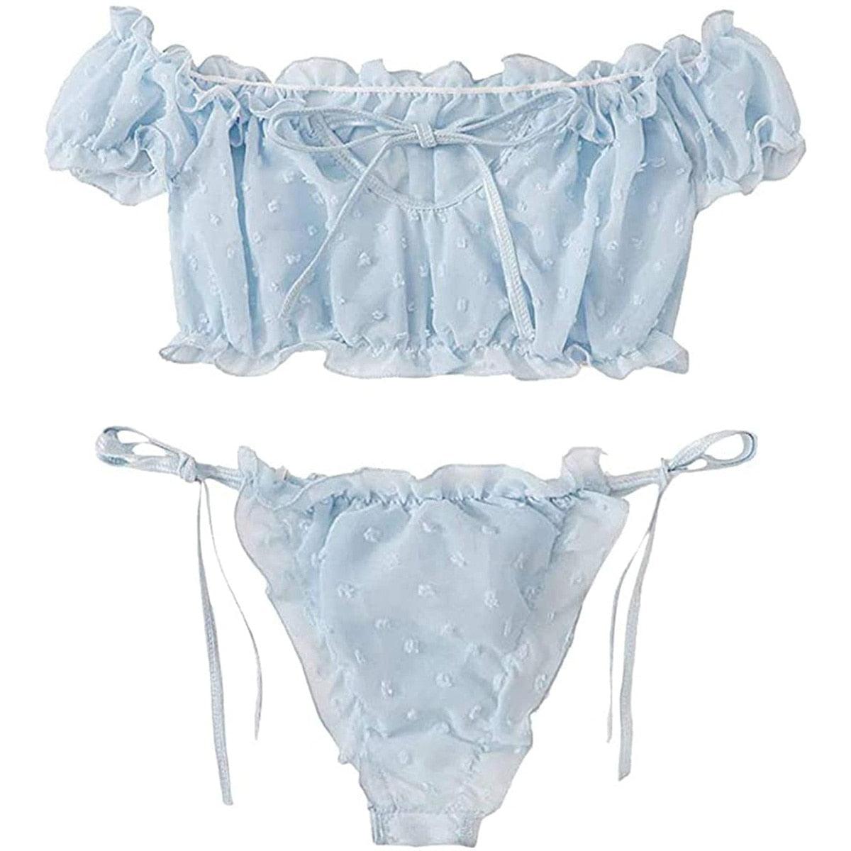 2PCS/Set Off Shoulder Lace Up Bikinis Women Sweet Women&