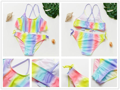 3-16Y Cartoon Two-piece Girls Swimwear Ruffle Swimsuit Bikini Set One Shoulder Beachwear Princess Two Piece Bathing Suit Children Swimwear Girls Swimsuit Bikini Set