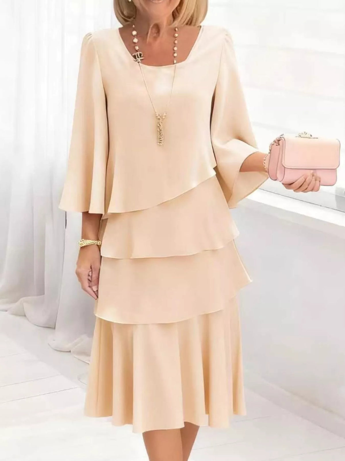 Full Size Ruffled Layered 3/4 Sleeve Dress Plus Size