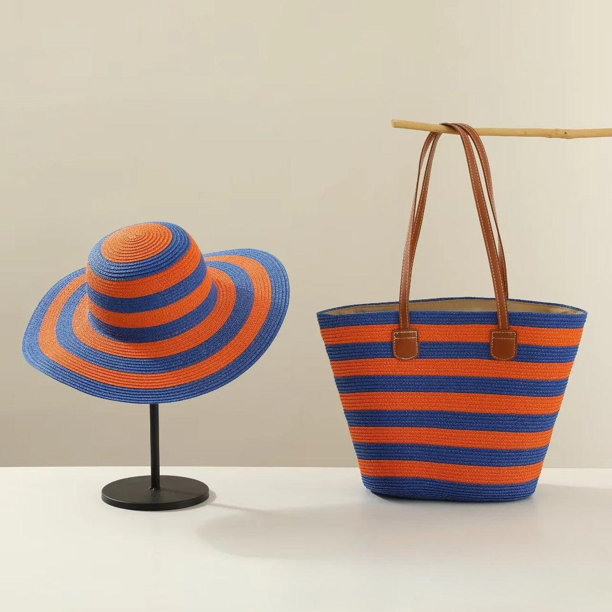 Straw Hat &amp; Tote Set – Beach Vacation Sun Protection Duo, Large Capacity Travel Tote