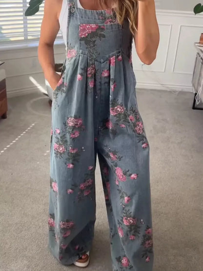 Floral Print Wide Leg Denim Overalls