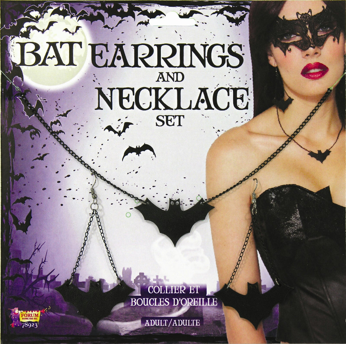 Black Bat Dangle Earrings and Necklace Costume Jewelry Set