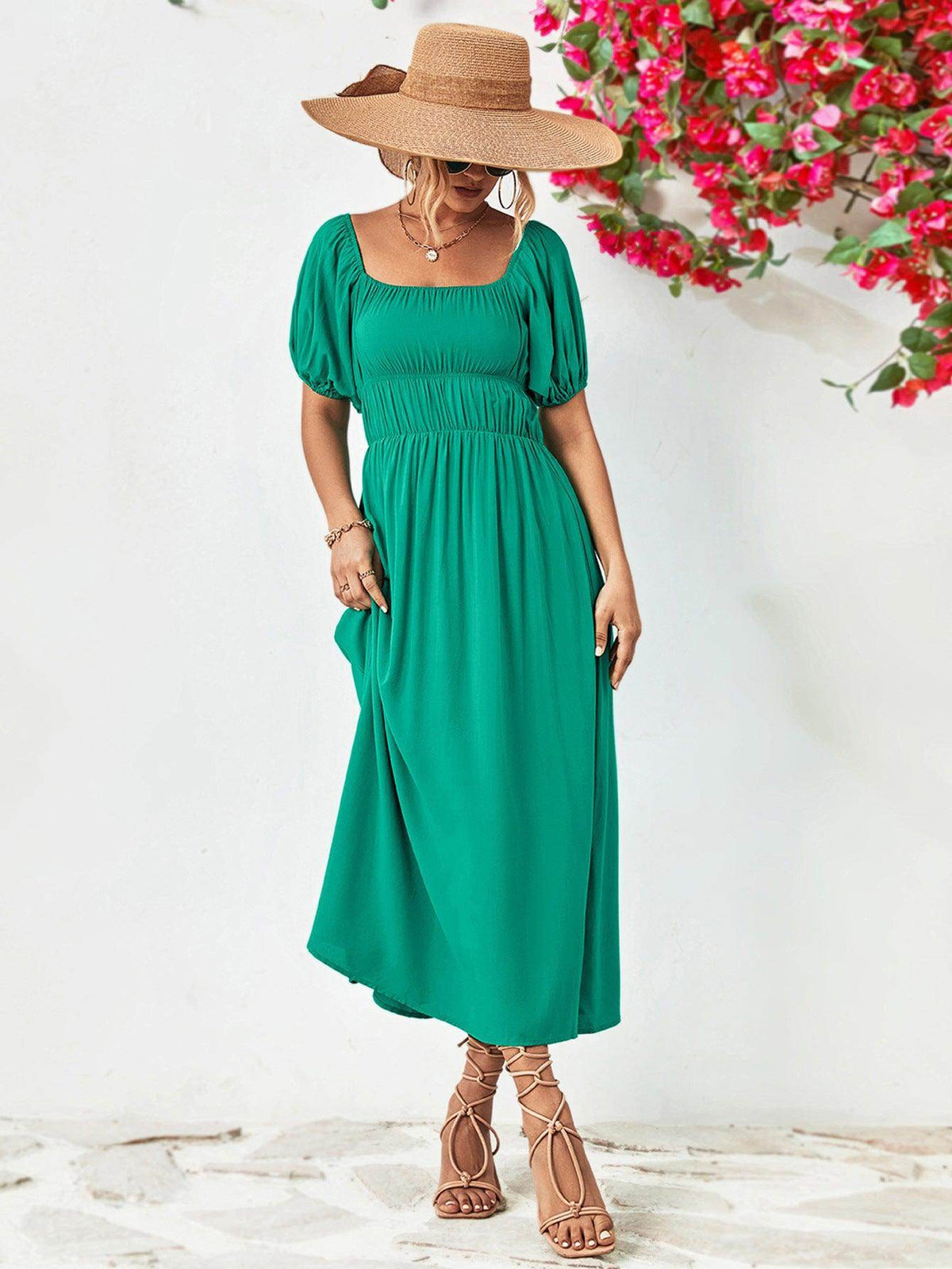 Off-Shoulder Balloon Sleeve Midi Dress for Chic Style