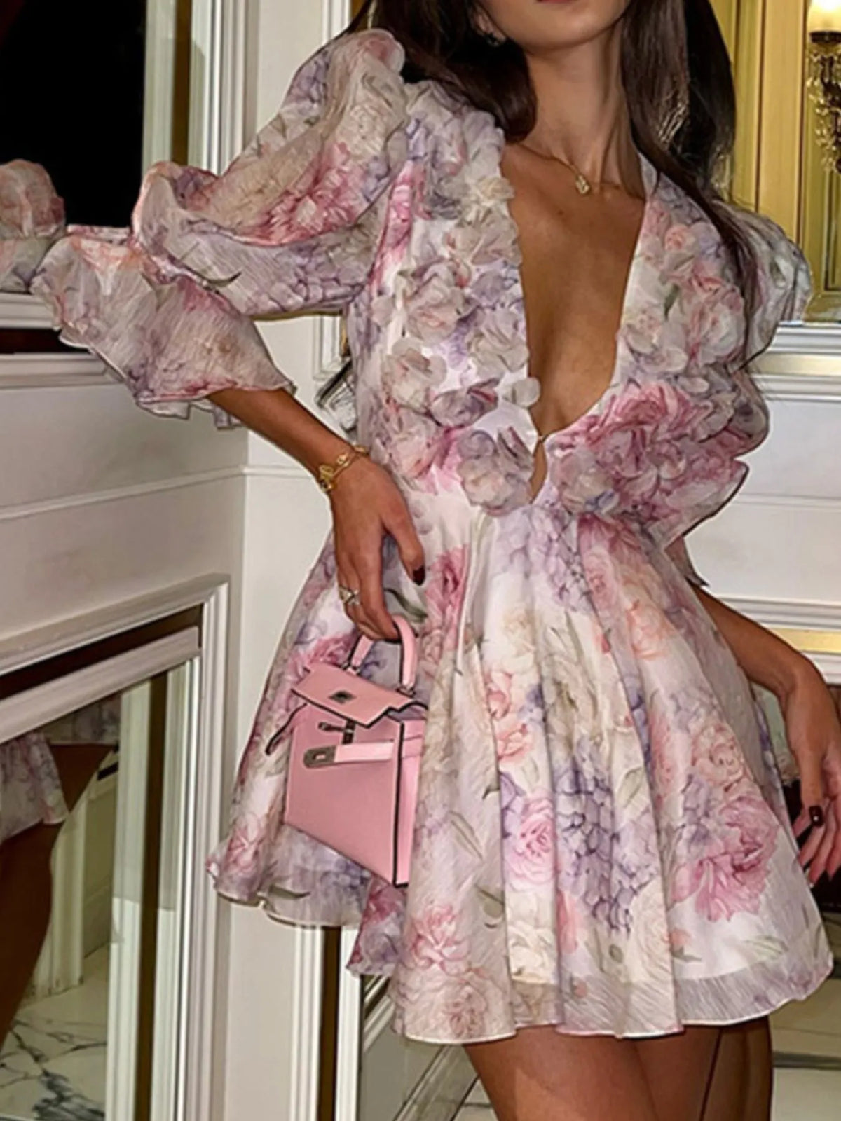 Floral Print Ruffled Mini Dress with Deep V-Neck