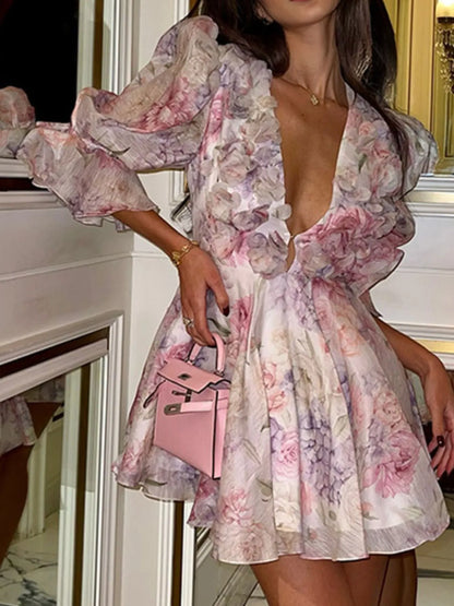 Floral Print Ruffled Mini Dress with Deep V-Neck