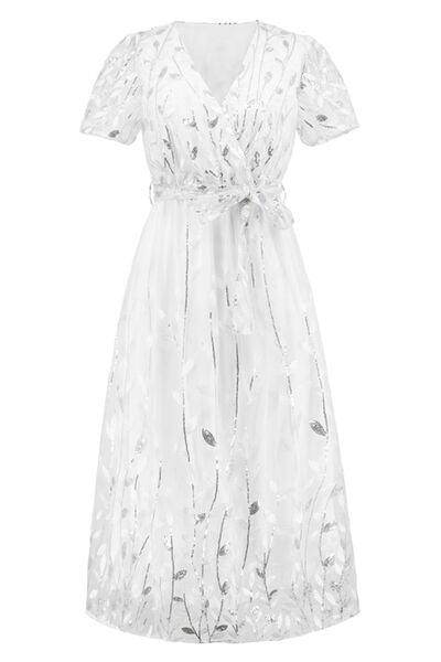 Sequin Leaf Embroidery Tie Front Short Sleeve Dress for Women