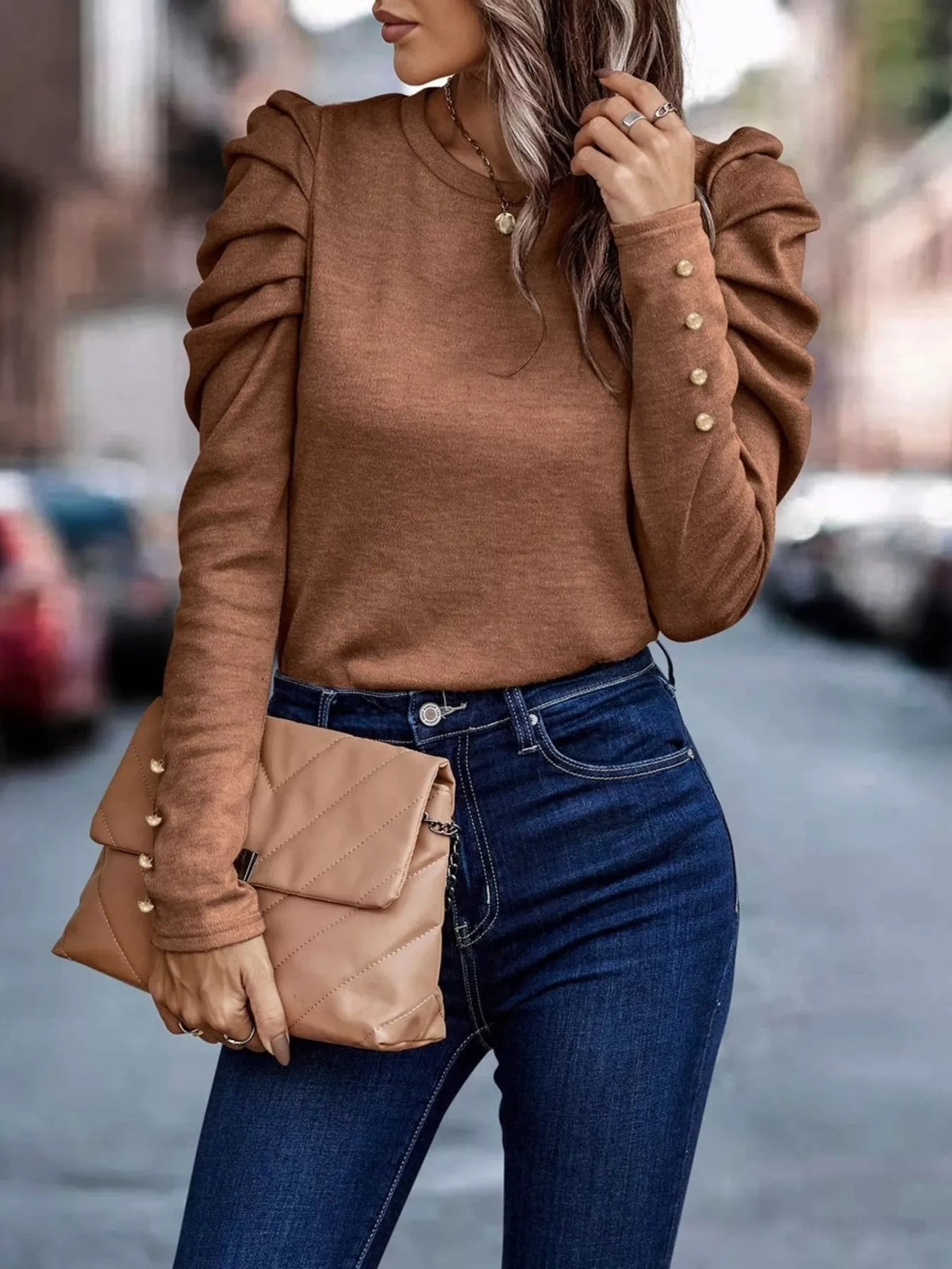 Puff Sleeve Round Neck T-Shirt
