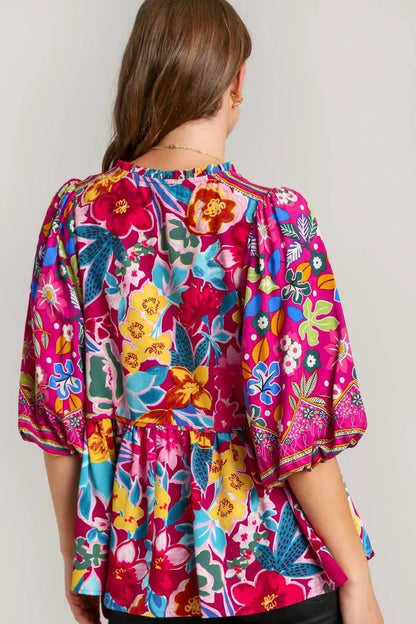 Umgee Full Size Floral Print Tie Neck Peplum Blouse Plus Size
