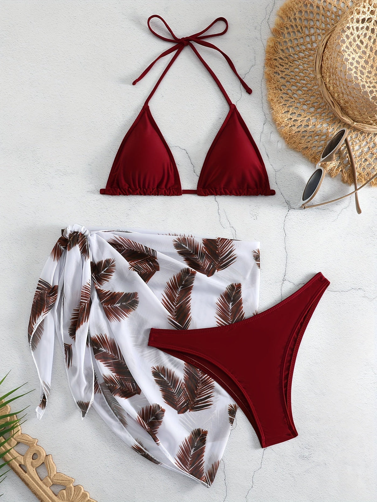 Feather Luxe 3-Piece Bikini Set – Exotic Feather Print Halter Neck Backless Swimsuit with High Cut Tie Back Bottoms and Wrap Cover-Up – Women’s High-Stretch Comfortable Swimwear for Summer Beach &amp; Pool Vacations