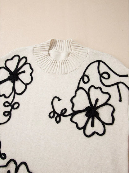Flower Stitching Mock Neck Sweater