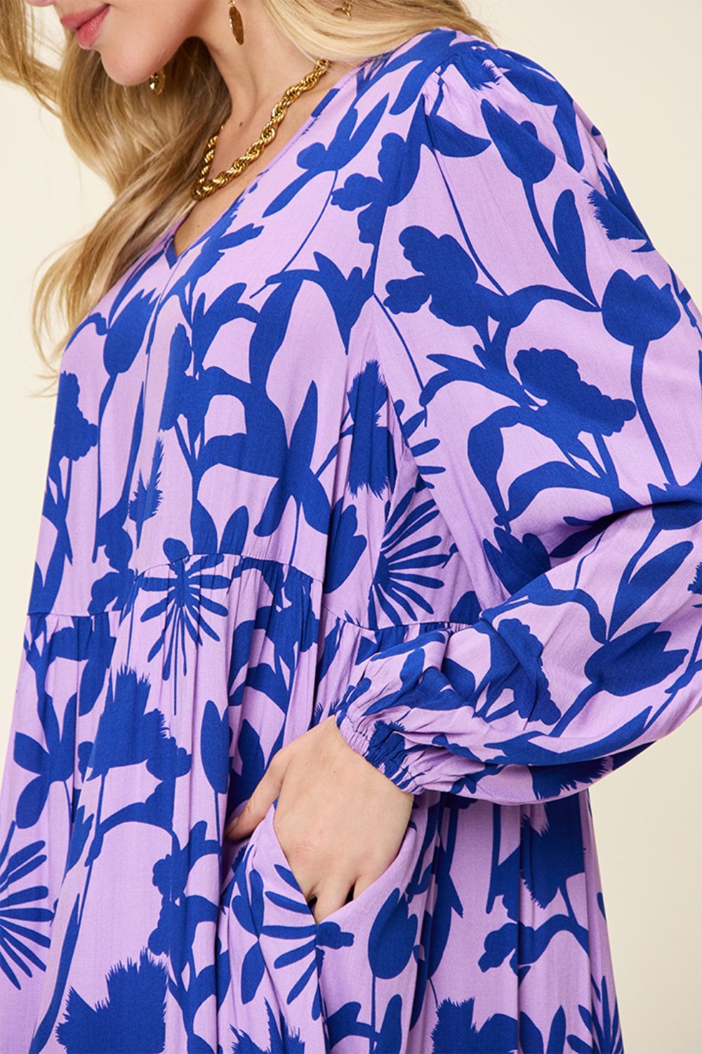Printed Ruffle Hem Long Sleeve Rayon Dress