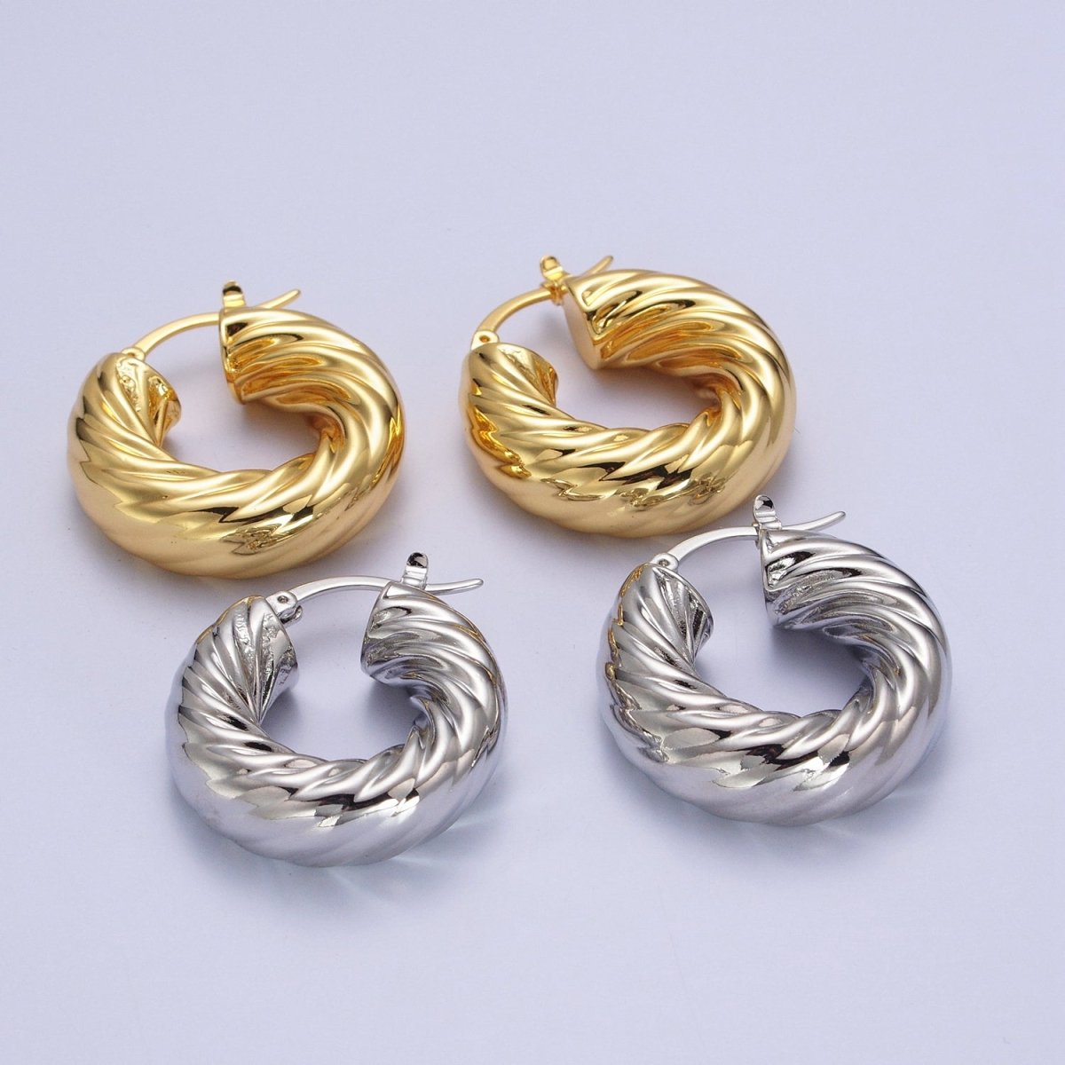 30mm Chubby Twisted Croissant French Lock Latch Earrings in Gold &amp; Silver | AB144 AB145