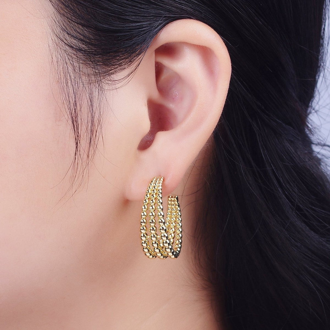 30mm Triple Round Beaded Bubble C-Shaped Hoop Earrings | AE534