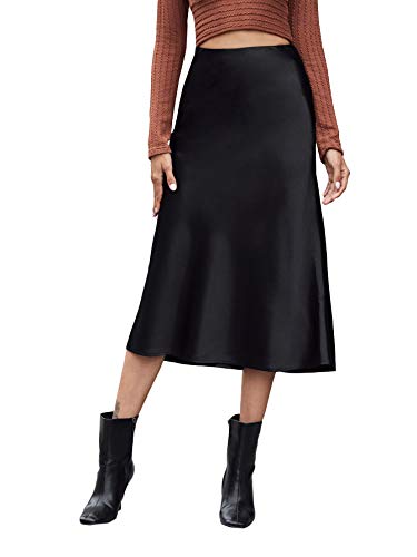 Cream Satin Skirt Outfit - Verdusa Womens Elegant High Waist Satin A Line Flared Midi Skirt