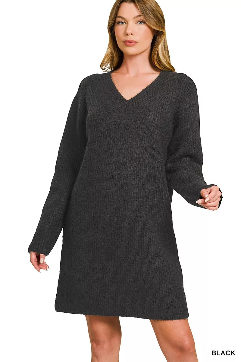 V-Neck Long Sleeve Ribbed Sweater Dress