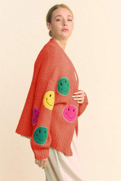 Back To School Sweater - Davi &amp; Dani Fuzzy Smile Open Front Long Sleeve Cardigan