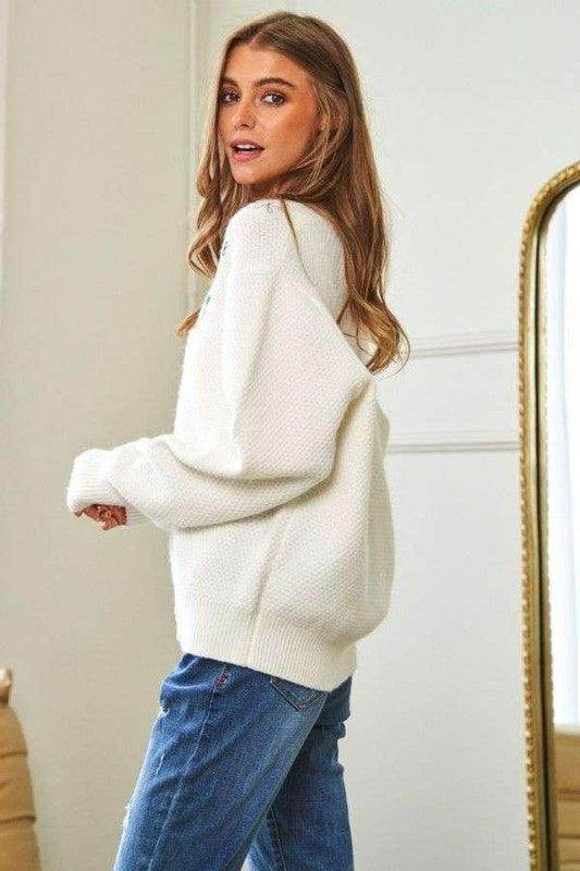 Davi &amp; Dani Flower Embroidered Button Up Long Sleeve Cardigan