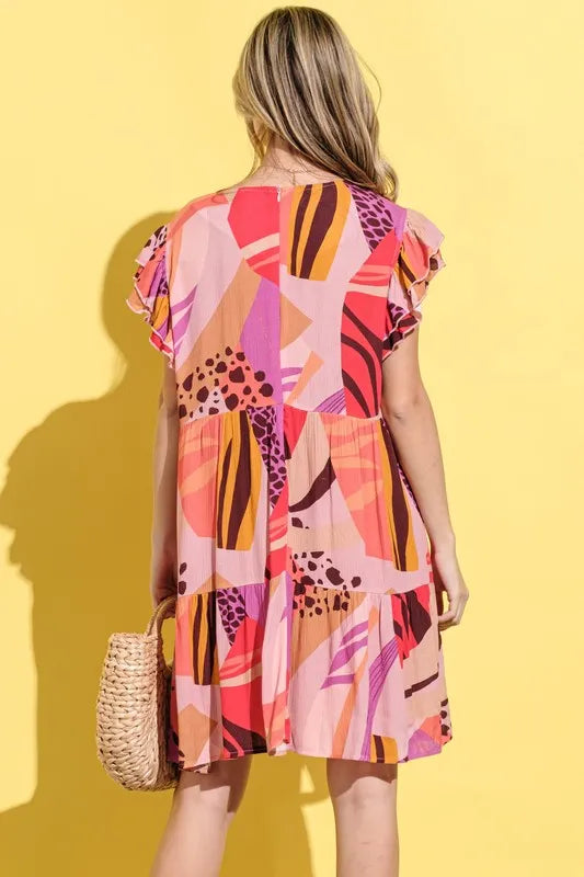 And The Why Printed Double Ruffles Sleeve Dress
