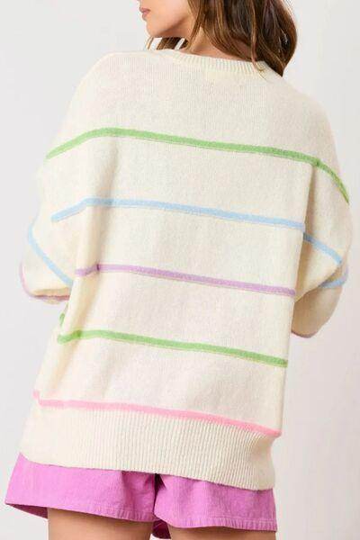 Contrast Striped Half Button Round Neck Sweater for Women