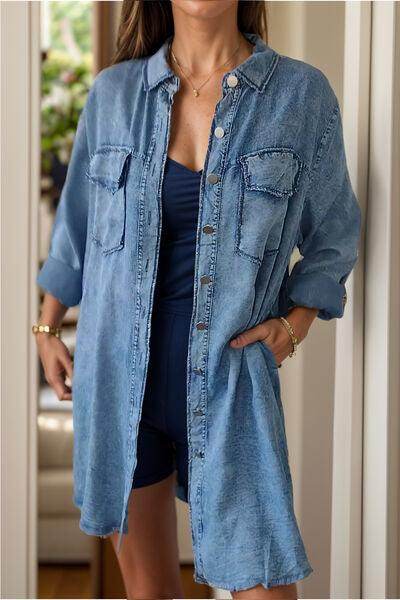 Full Size Pocketed Button Up Long Sleeve Denim Jacket Sale