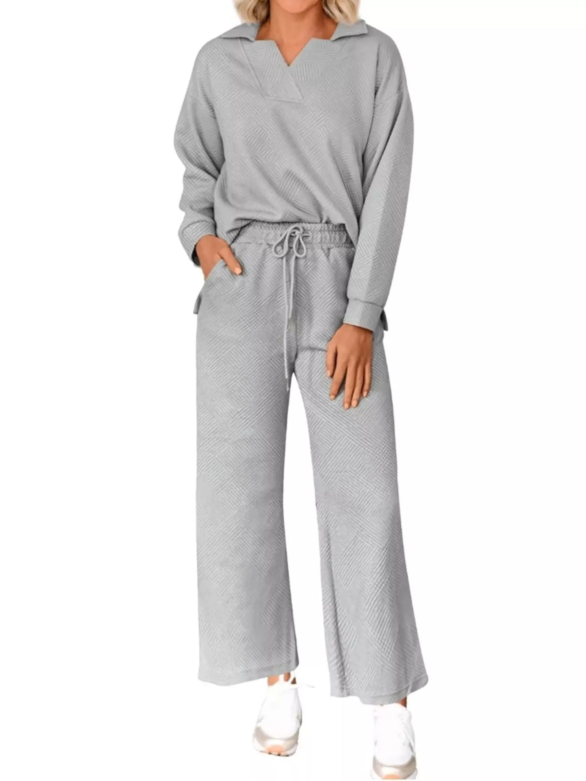 Side Slit Textured Top and Drawstring Pants Set