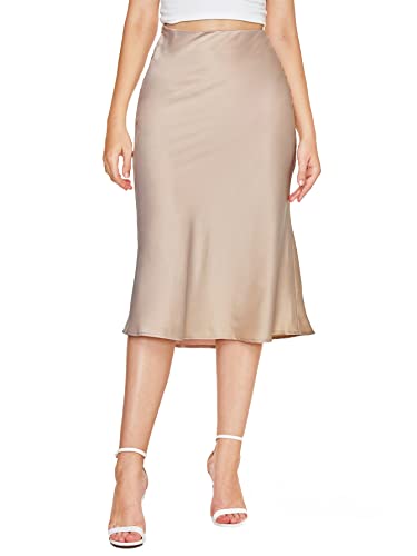 Cream Satin Skirt Outfit - Verdusa Womens Elegant High Waist Satin A Line Flared Midi Skirt