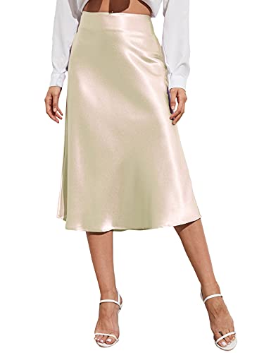 Cream Satin Skirt Outfit - Verdusa Womens Elegant High Waist Satin A Line Flared Midi Skirt