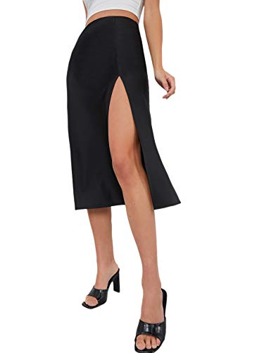 Cream Satin Skirt Outfit - Verdusa Womens Elegant High Waist Satin A Line Flared Midi Skirt