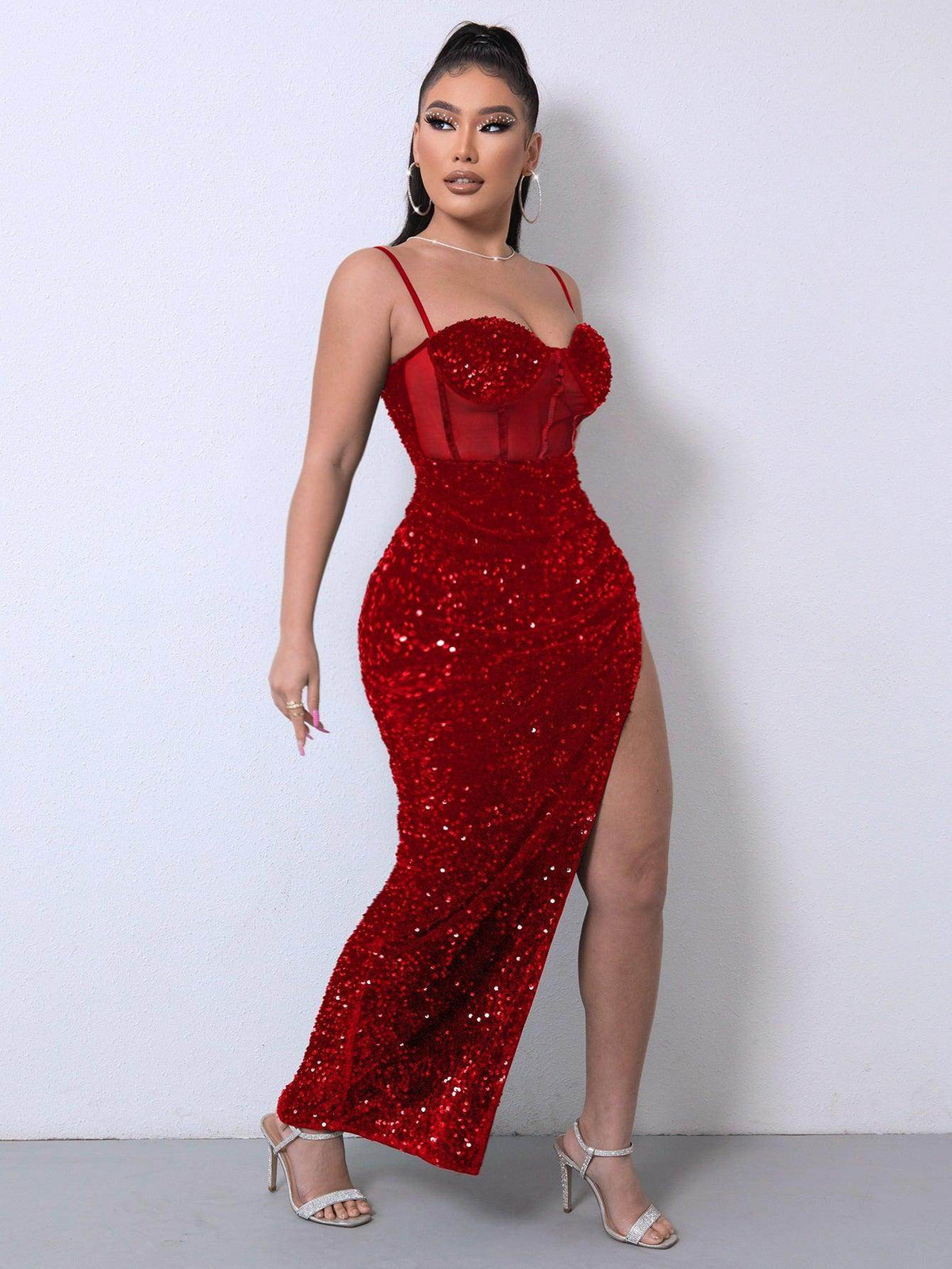 Sequin Spliced Mesh Adjustable Strap Dress for Women