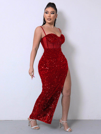 Sequin Spliced Mesh Adjustable Strap Dress for Women