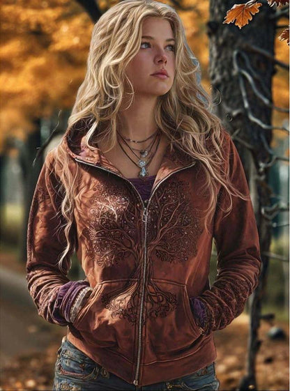 Printed Hooded Zip-Up Cardigan Fashionable Casual Womens Sweatshirt