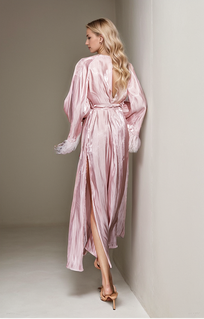 Luxury Feather-Trimmed Satin Robe - Elegant Full-Length Lounge &amp; Bridal Wear