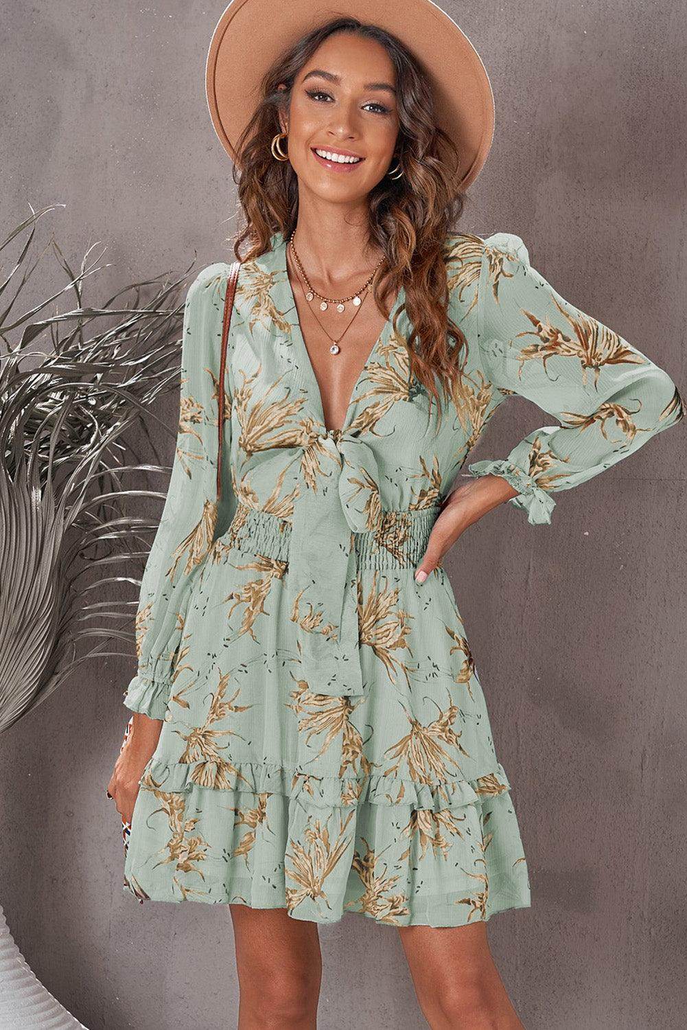 Floral Deep V Flounce Sleeve Mini Dress for Casual Chic
