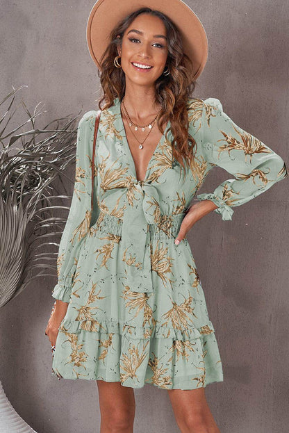 Floral Deep V Flounce Sleeve Mini Dress for Casual Chic