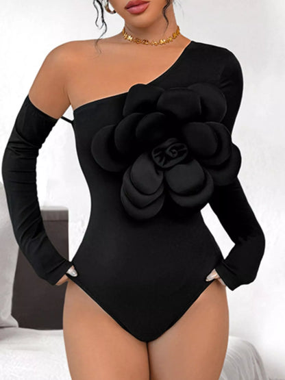 Flower Long Sleeve Single Shoulder Bodysuit