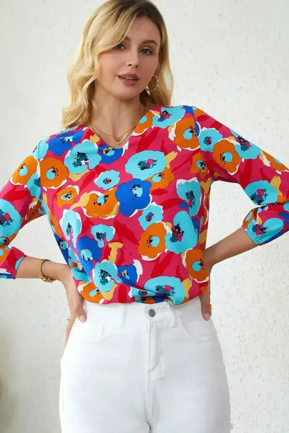 Floral Print V Neck Blouse - 3/4 Sleeve &amp; Non-Stretch | Femstylo