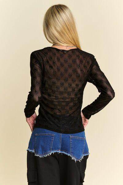 Davi &amp; Dani Bow Mesh Round Neck Long Sleeve Top for Women
