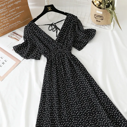 Summer Women Ruffled Short-sleeved Chiffon Dress V-neck High Waist Floral Print Beach Midi Dresses For Women