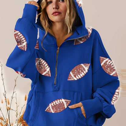 Women Half Zip Hoodie, Glitter Football Print Oversized Hooded Sweatshirt With Kangaroo Pocket
