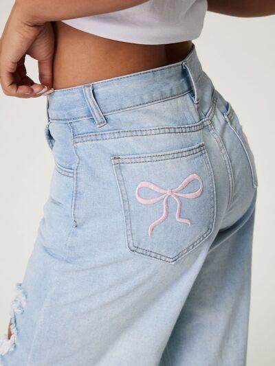 Distressed Wide Leg Jeans with Pockets for Women