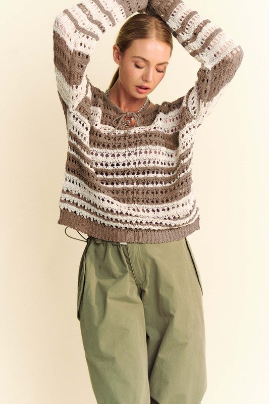 Back To School Sweater - Davi &amp; Dani Contrast Striped Crochet Drop Shoulder Knit Cover Up